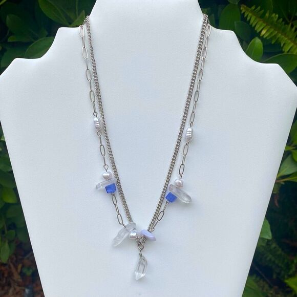 NWT New Two Urban Outfitters (OU) Silver & Blue Genuine Stone Necklaces - Picture 1 of 7